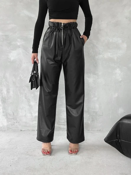 Kendinden ince kemerli deri pantolon siyah - Resim 16