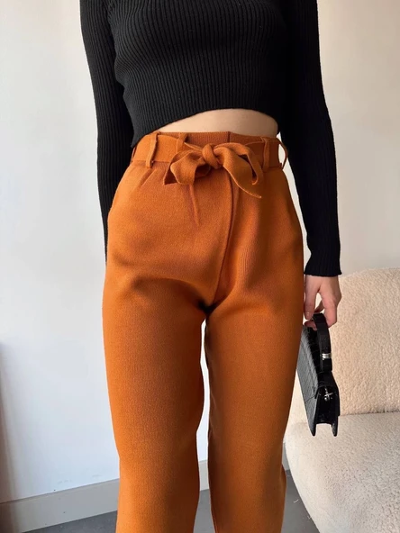 Kendinden kemerli triko pantolon camel - Resim 10