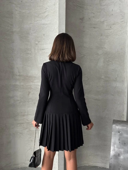 Altı piliseli uzun kollu ceket elbise siyah s255016 - Resim 6