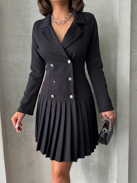 Altı piliseli uzun kollu ceket elbise siyah s255016 ürün görseli