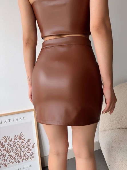 Dantelli fermuarlı deri etek kahve - Resim 7