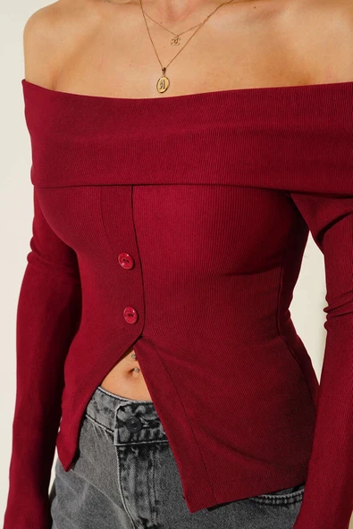 Madonna Yaka Düğmeli Bluz bordo - Resim 8