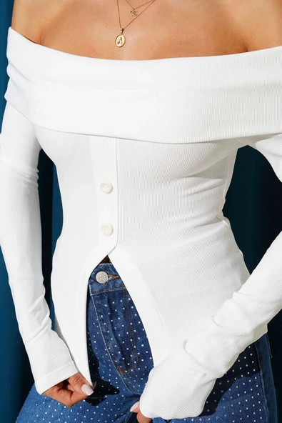 Madonna Yaka Düğmeli Bluz Beyaz - Resim 8