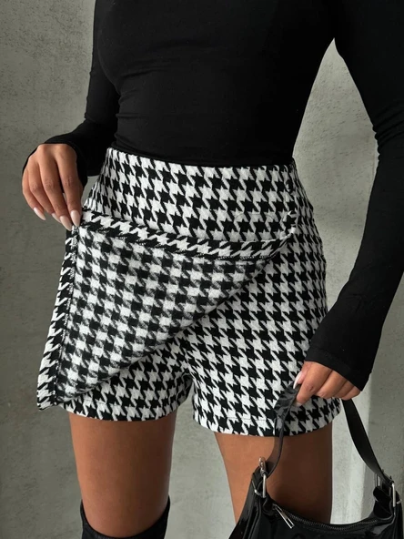 İki düğmeli kaz ayağı desen ch kumaş şort etek siyahbeyaz h26414 - Resim 12