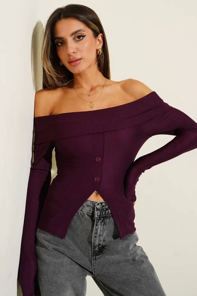 Madonna Yaka Düğmeli Bluz Mürdüm - Resim 5