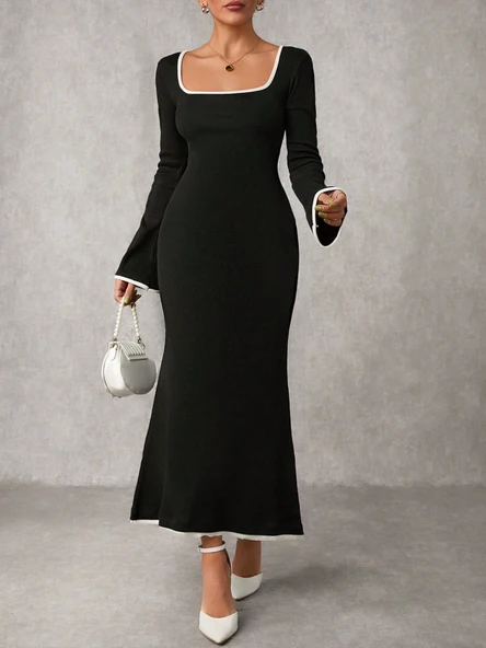 Biyeli uzun elbise siyah ürün görseli