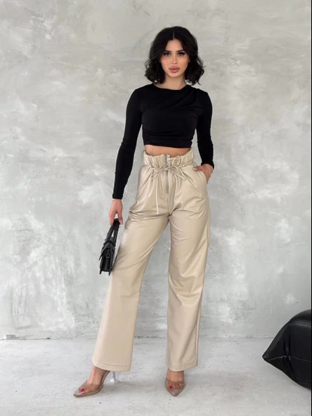 Kendinden ince kemerli deri pantolon bej - Resim 5