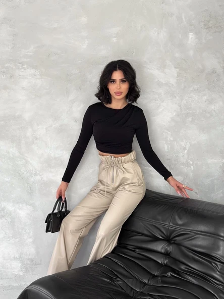 Kendinden ince kemerli deri pantolon bej - Resim 12