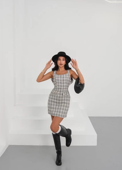 Askılı ch kumaş düğmeli elbise gribeyaz h265007 - Resim 3