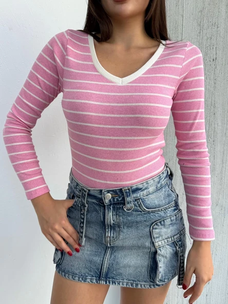 V yaka çizgili bluz pembe - Resim 2