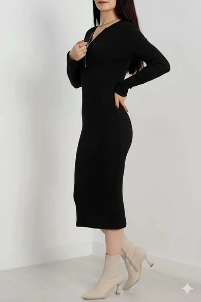 Fermuar detaylı fitilli şardonlu elbise siyah - Resim 21