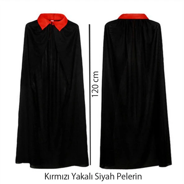 Kırmızı Yakalı Siyah Dracula Pelerin 120 cm - Resim 2