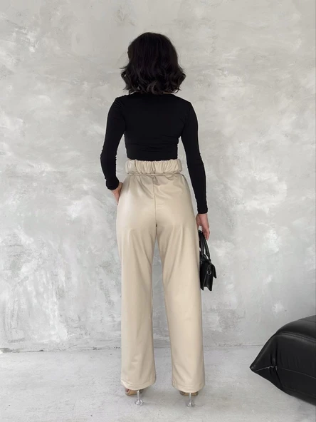 Kendinden ince kemerli deri pantolon bej - Resim 15