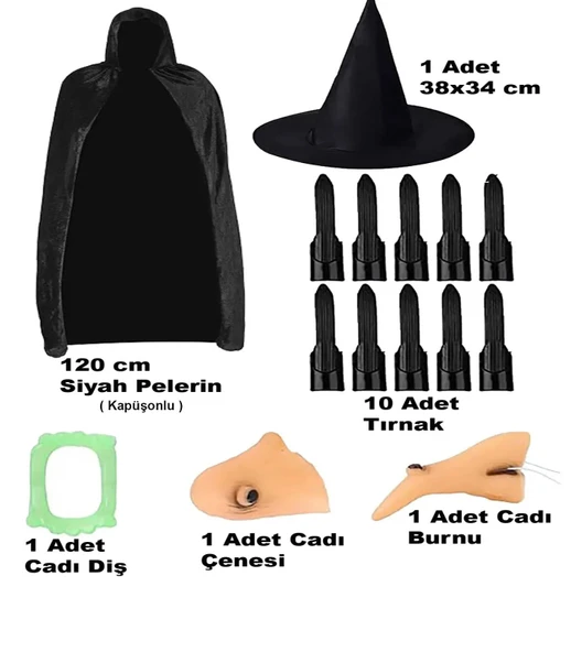 Siyah Kapüşonlu Pelerin 120 cm Tırnaklar Diş Çene B ve Şapka Seti - Resim 2