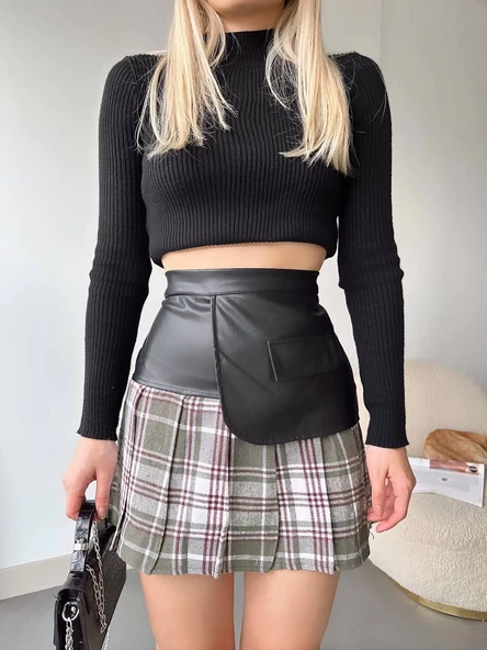 Deri garnili cepli ekose etek siyah - Resim 9