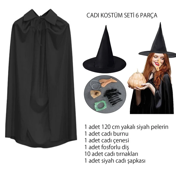 Cadı Kostüm Seti 6 Parça - Şapka Pelerin Diş Tırnaklar Çene ve B - Resim 2