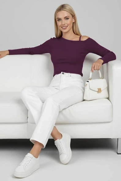 Tek Omuz İpli Bluz Mürdüm - Resim 6