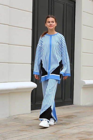 Çizgili bisiklet yaka triko takım Mavi - Resim 3