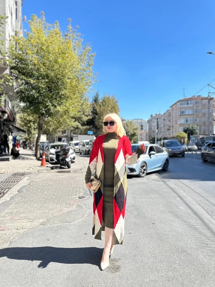 Uzun hırka içi elbise ikili triko takım ekose baklava desen haki kırmızı - Resim 10