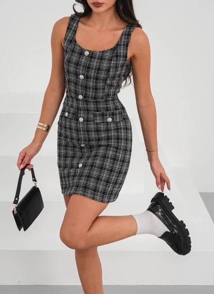 Askılı ch kumaş düğmeli elbise siyahbeyaz h265007 - Resim 3