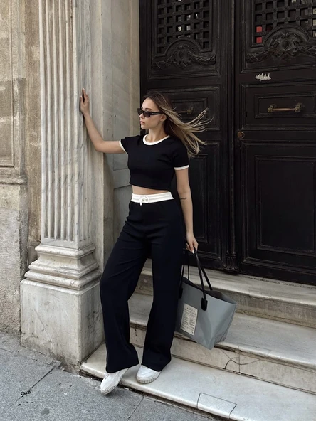 Crop pantolon biyeli takım siyah - Resim 9