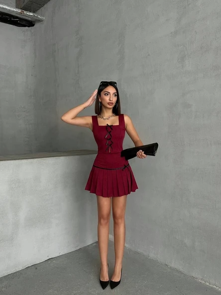 Pileli etek yelek takım bordo s255015 - 4