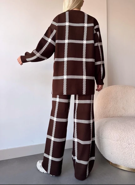 Ekoseli triko takım kahvebeyaz - Resim 6