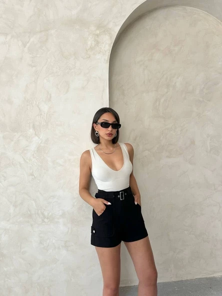 Kemer detaylı gabardin şort siyah s25289 - Resim 4