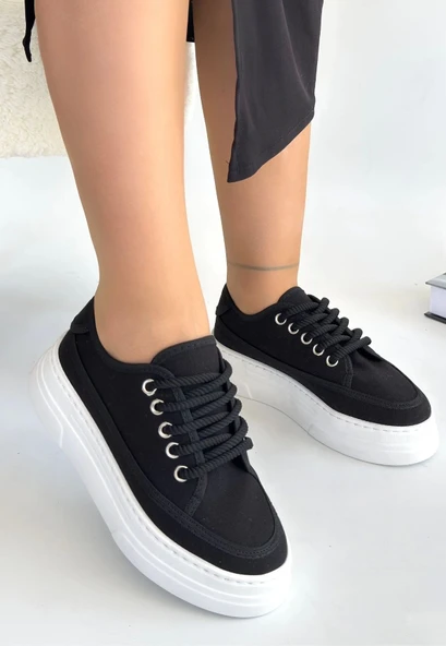 Carin Siyah Keten Bağcıklı Spor Ayakkabı - Resim 3