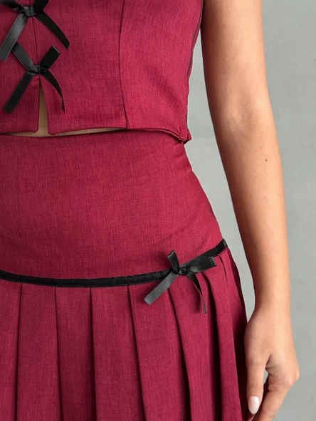 Pileli etek yelek takım bordo s255015 - 6