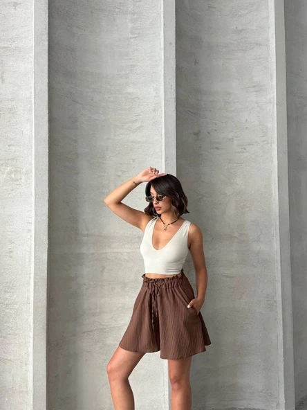 Volanlı keten şort kahve s255058 - Resim 2