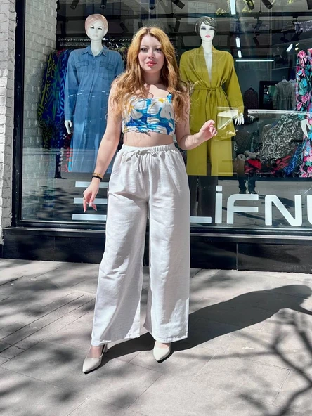 Bağcıklı keten pantolon krem - Resim 2