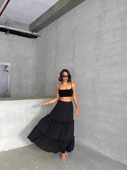 Fırfırlı brodeli astarlı uzun etek siyah s255047 - Resim 4