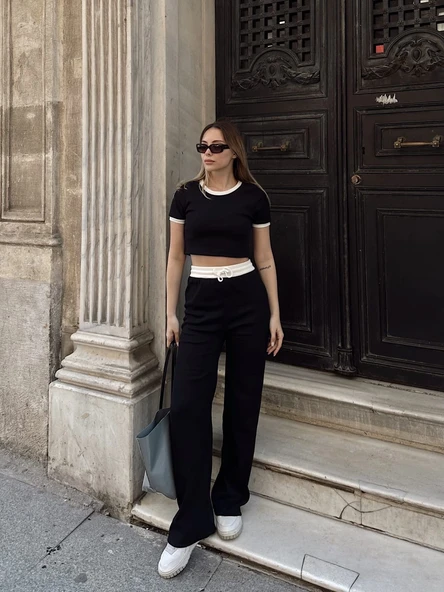Crop pantolon biyeli takım siyah - Resim 8