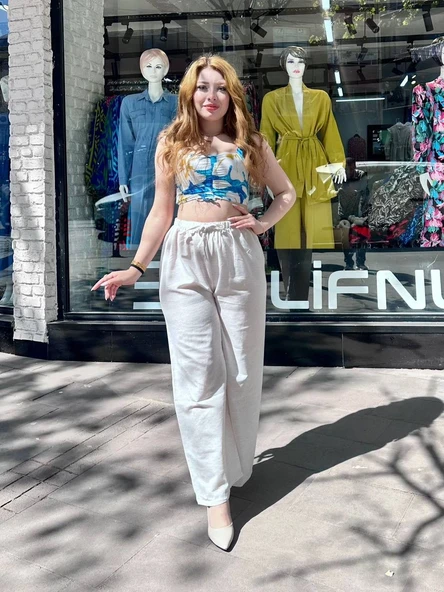 Bağcıklı keten pantolon krem - Resim 3