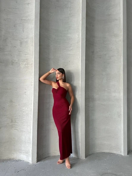 Krinkıl tek omuz uzun elbise bordo s25455 - Resim 7