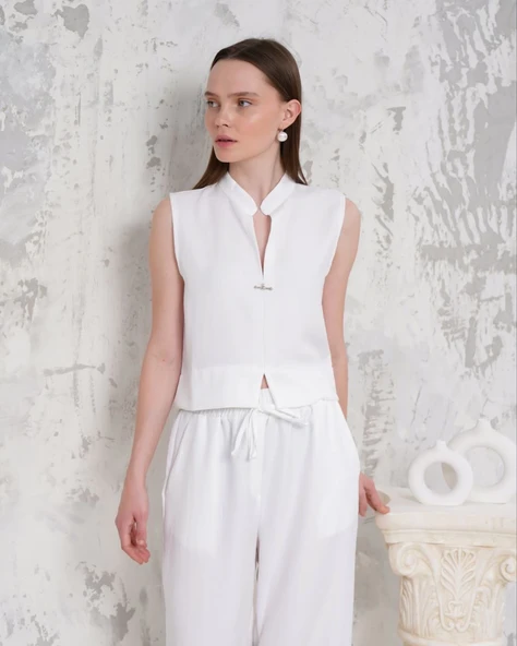 Broşlu yelek pantolon takım beyaz s255821 - Resim 3