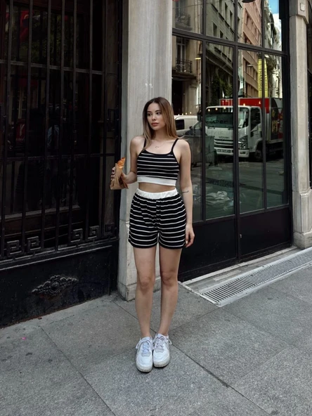 Çizgili şortlu takım siyah s3978 - Resim 3