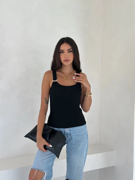 Ottoman toka askılı bluz siyah s4194 - Resim 7