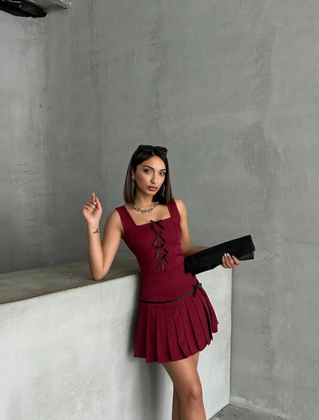 Pileli etek yelek takım bordo s255015 - 7