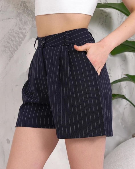 Çizgili düğmeli şort siyah s2551251 - Resim 4