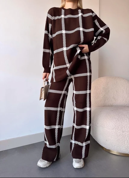 Ekoseli triko takım kahvebeyaz - Resim 7