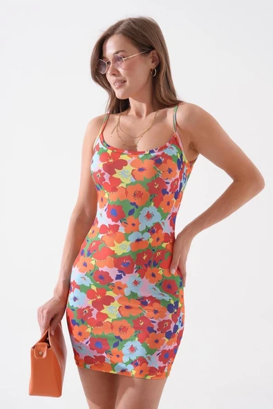 Kadın ince askılı desenli elbise s8105 - Resim 3