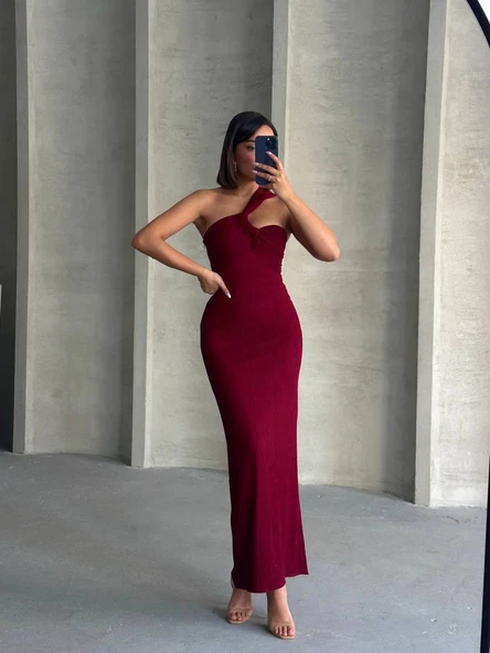 Krinkıl tek omuz uzun elbise bordo s25455 - Resim 2