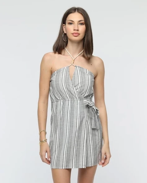 Kuşaklı çizgili mini keten elbise ürün görseli