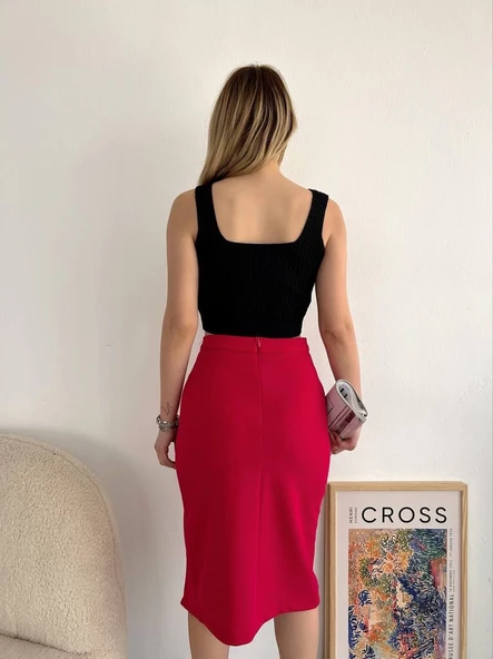 Yırtmaçlı esnek kumaş midi boy etek koyu kırmızı - Resim 3