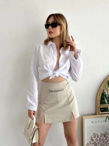 Zincir detaylı çizgili şort etek - Resim 2