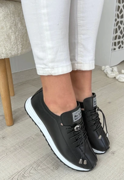 Monya Siyah Cilt Bağcıklı Spor Ayakkabı - Resim 2