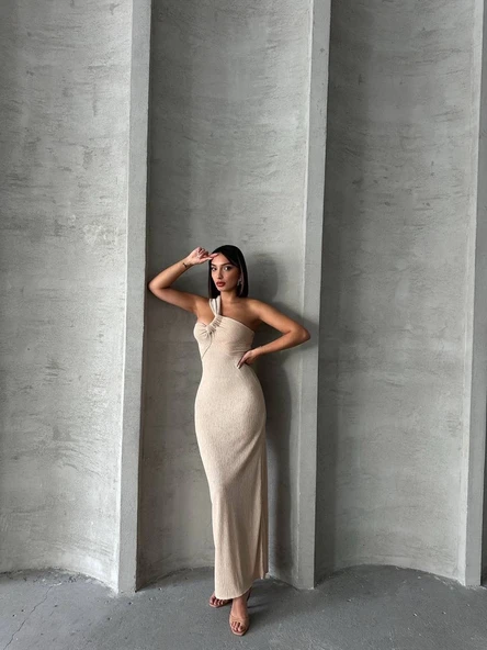 Tek omuz pliseli elbise - Resim 4