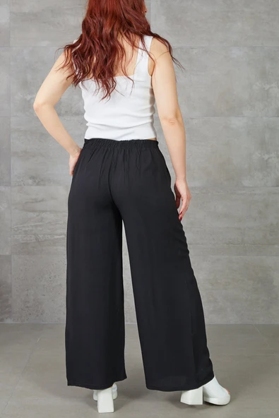 Kadın Bol Paça Rahat Kalıp Beli Lastikli Salaş Pantolon - Resim 4